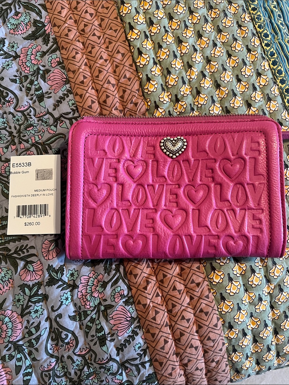 Brighton Bubble Gum Pink 'Love' Zip Wallet with Silver Brighton Heart